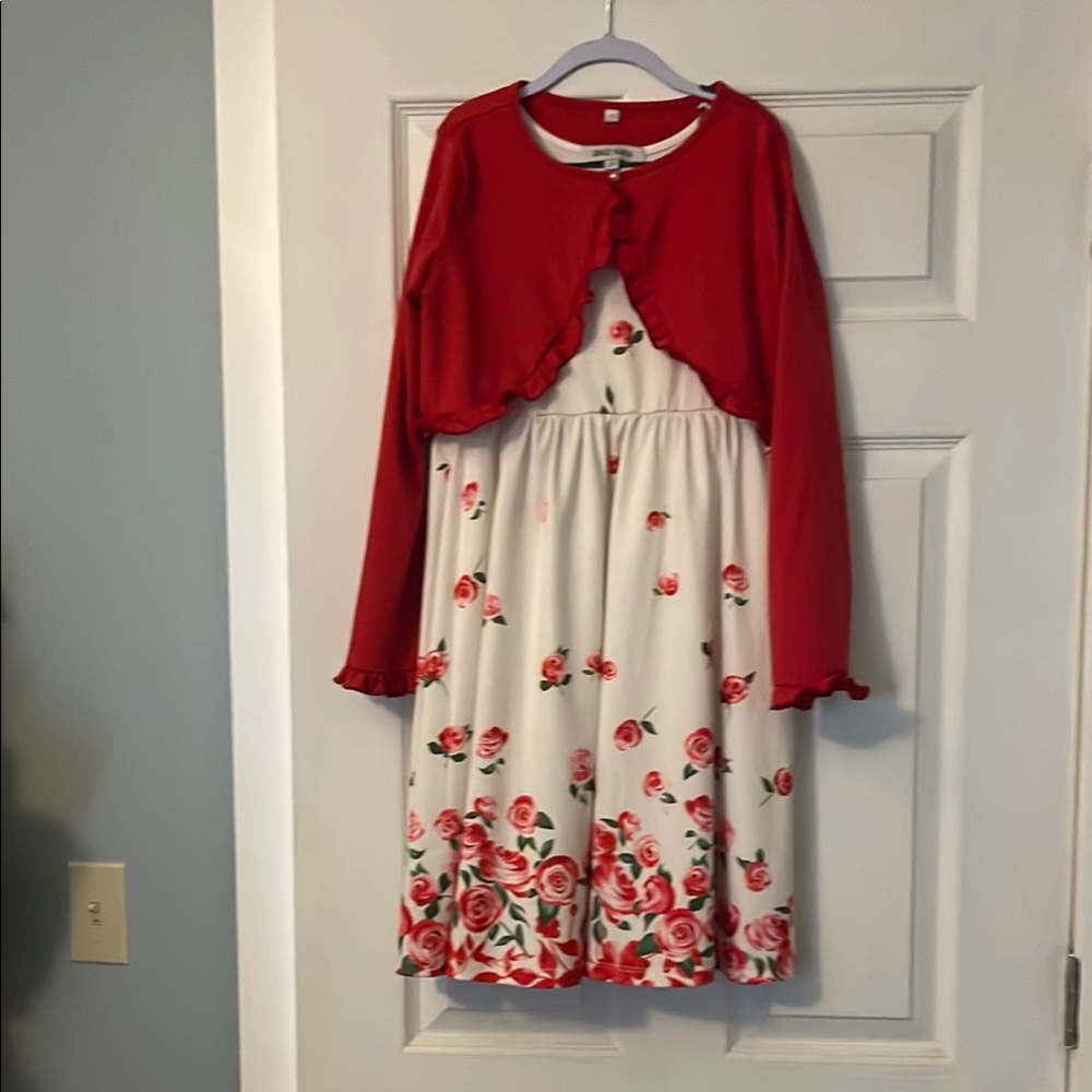 Grace Karin Red and White roses tank Sundress with cardigan